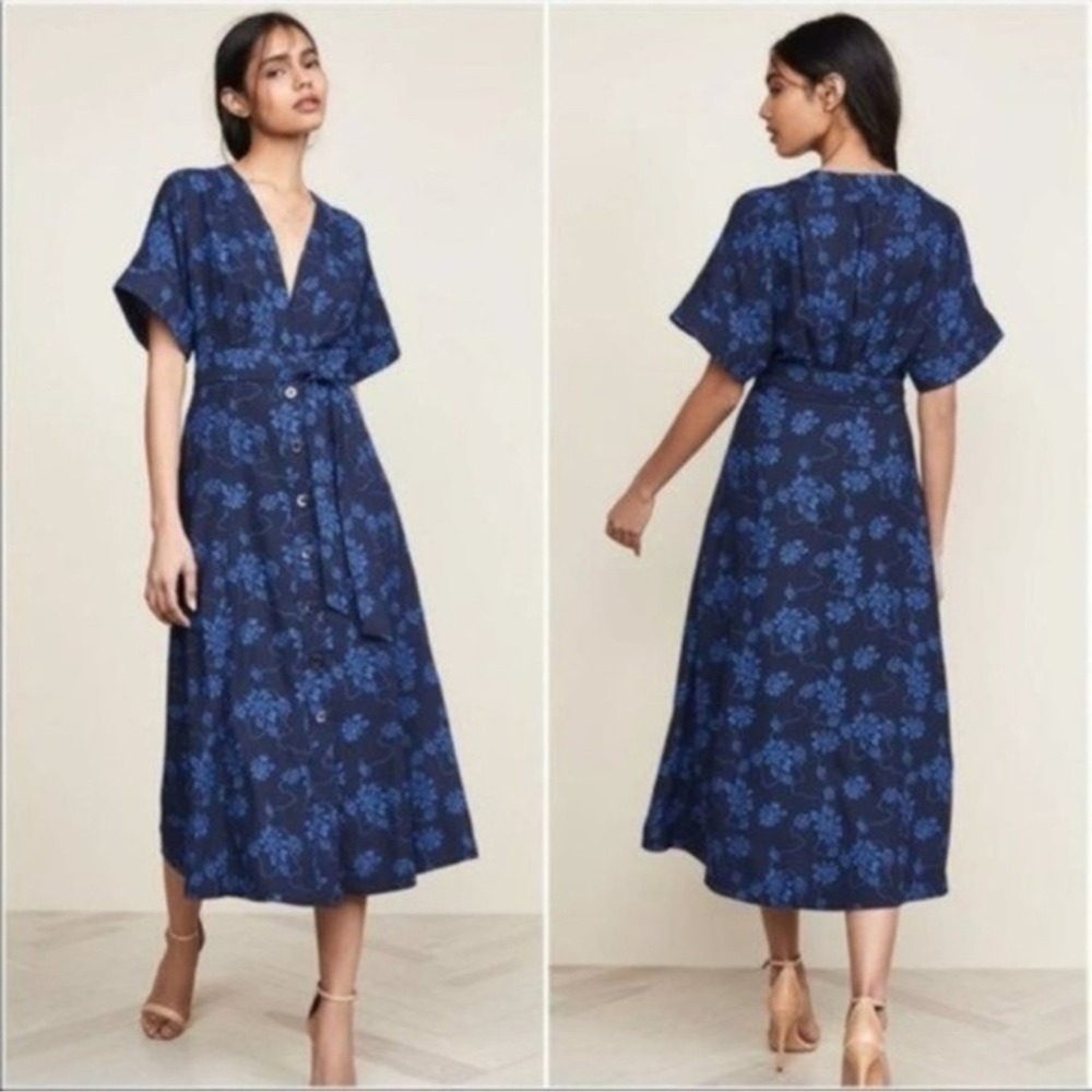 EQUIPMENT Femme Nauman Floral V-Neck Button Front Midi Dress Eclipse Blue Size 2